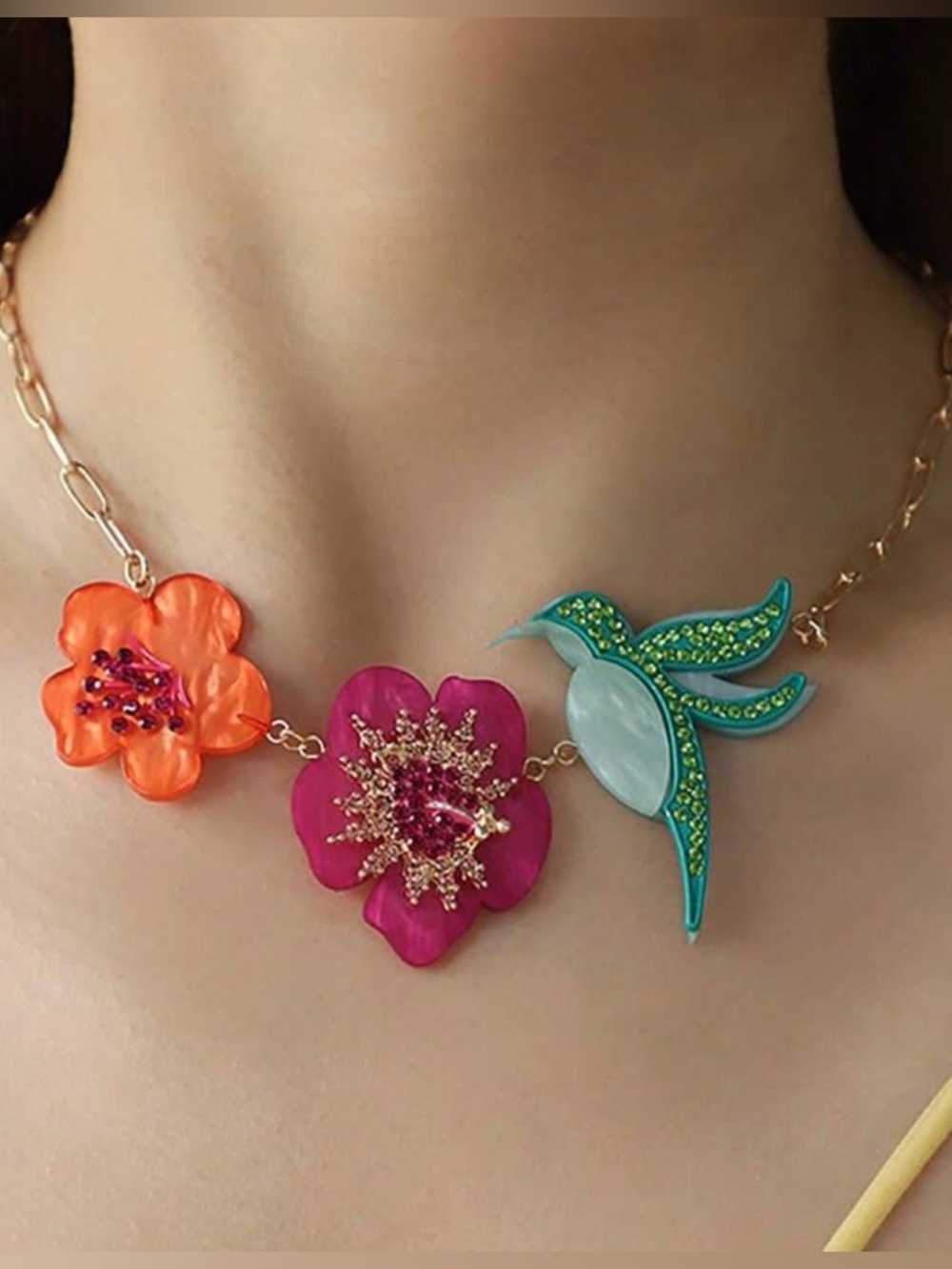 NWT Colorful Floral & Hummingbird Statement Necklace - Pink, Orange, Teal